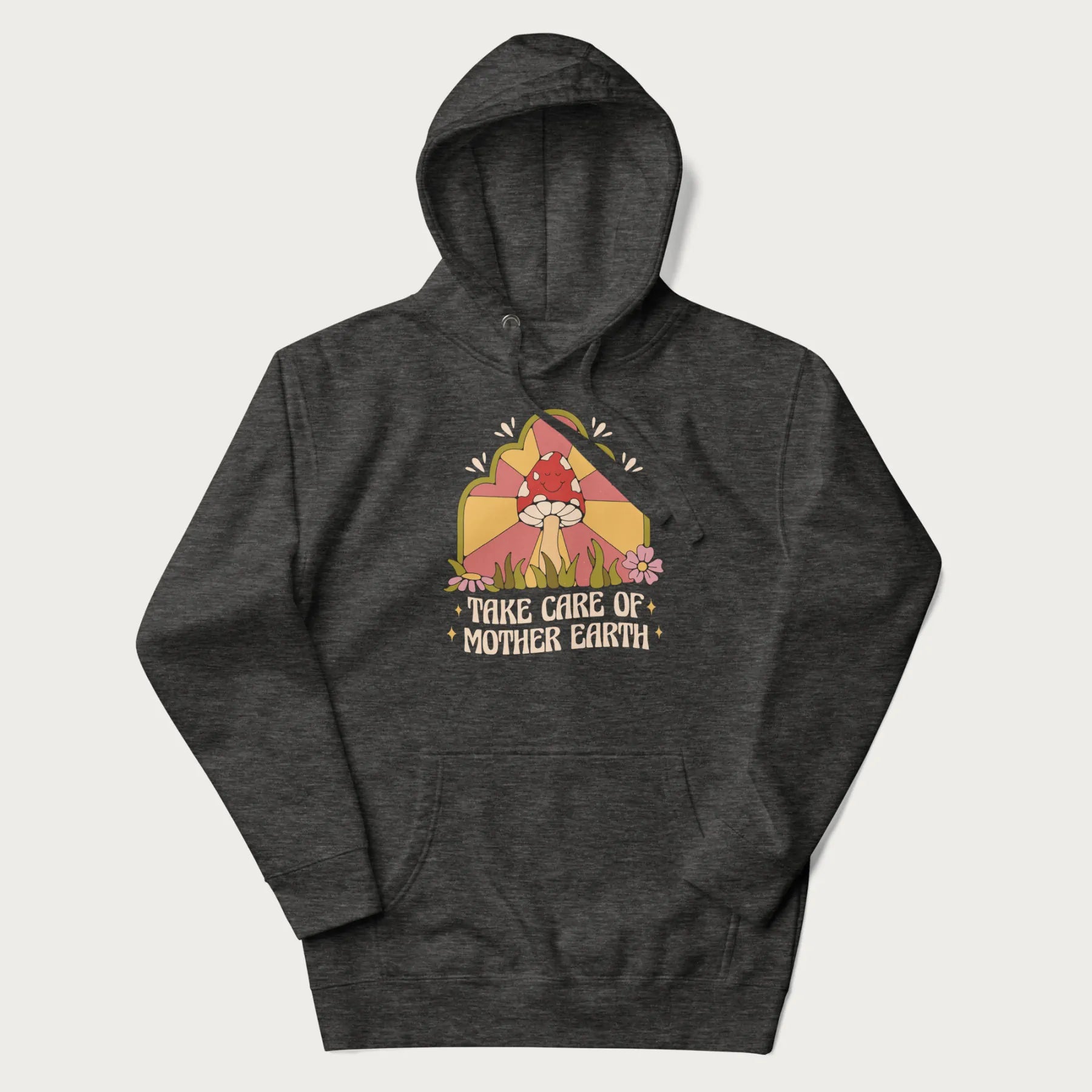 Dark grey hoodie with a graphic of a happy red mushroom, sunburst background, and the text 'Take Care of Mother Earth'.