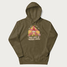 Military green hoodie with a graphic of a happy red mushroom, sunburst background, and the text 'Take Care of Mother Earth'.