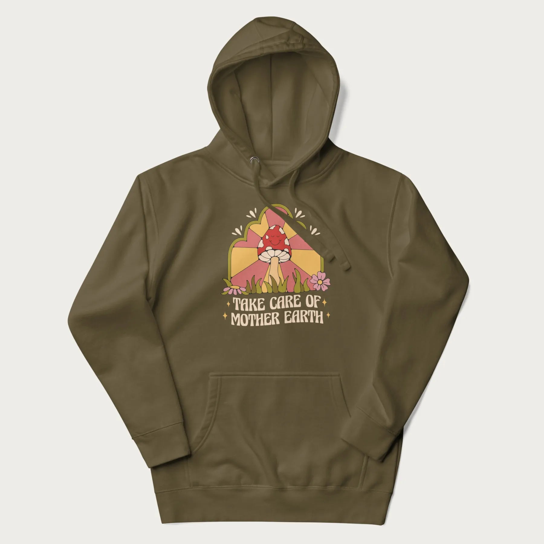 Military green hoodie with a graphic of a happy red mushroom, sunburst background, and the text 'Take Care of Mother Earth'.