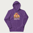 Purple hoodie with a graphic of a happy red mushroom, sunburst background, and the text 'Take Care of Mother Earth'.