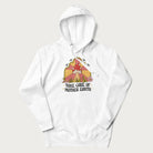 White hoodie with a graphic of a happy red mushroom, sunburst background, and the text 'Take Care of Mother Earth'.