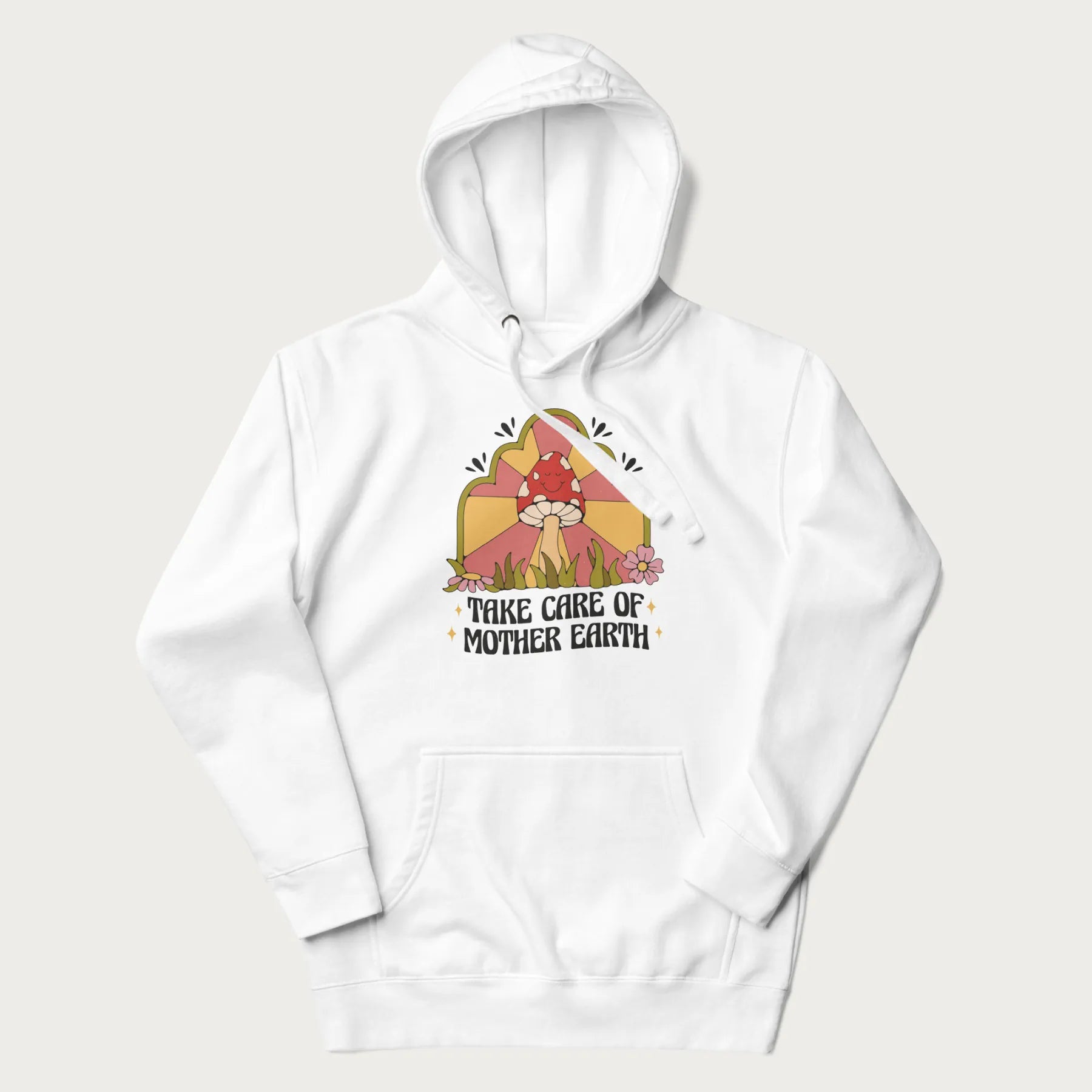 White hoodie with a graphic of a happy red mushroom, sunburst background, and the text 'Take Care of Mother Earth'.