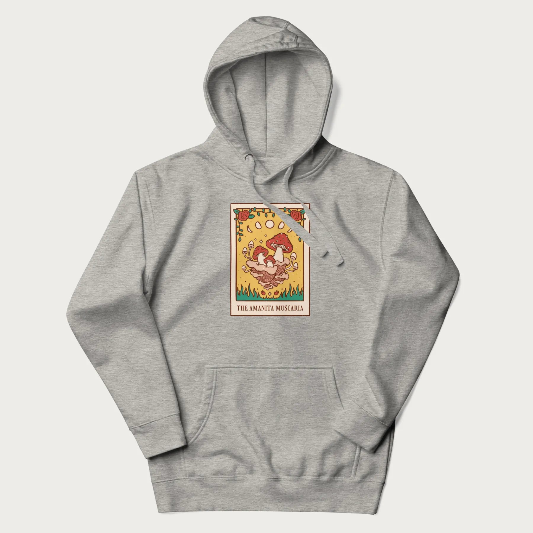 Light grey hoodie featuring a graphic of Amanita Muscaria mushrooms with floral accents and moon phases, resembling a tarot card.