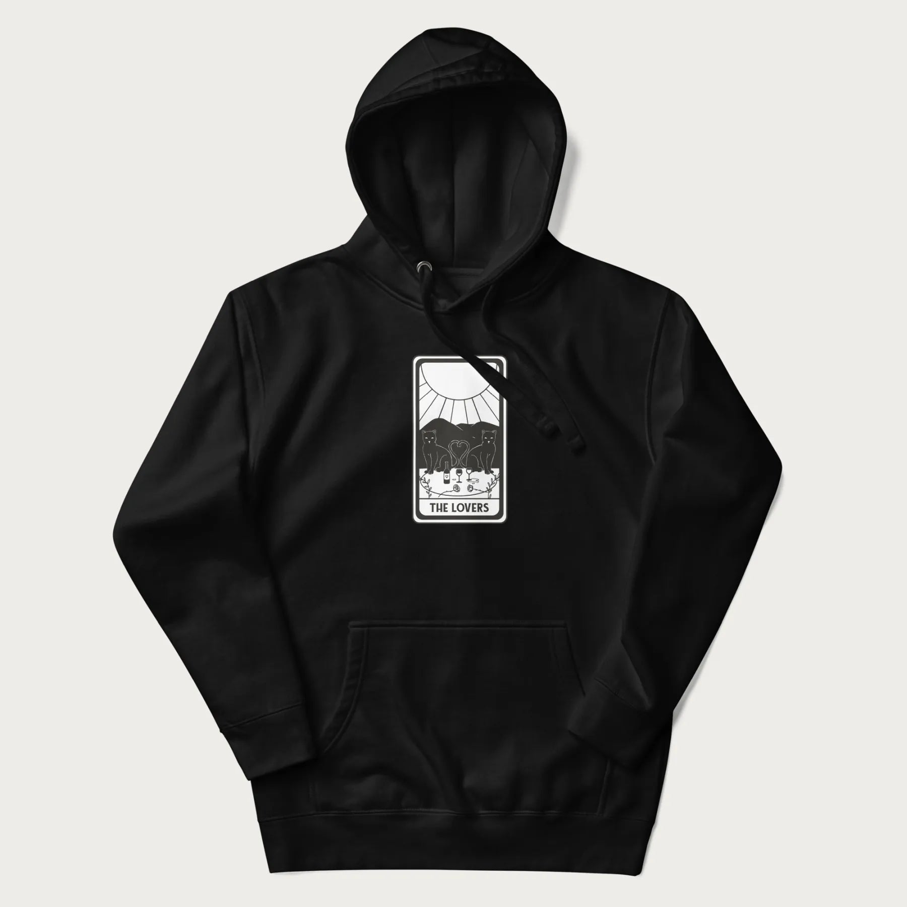 Black hoodie with a 'The Lovers' tarot card graphic of two cats with intertwined tails forming a heart, wine, and roses.