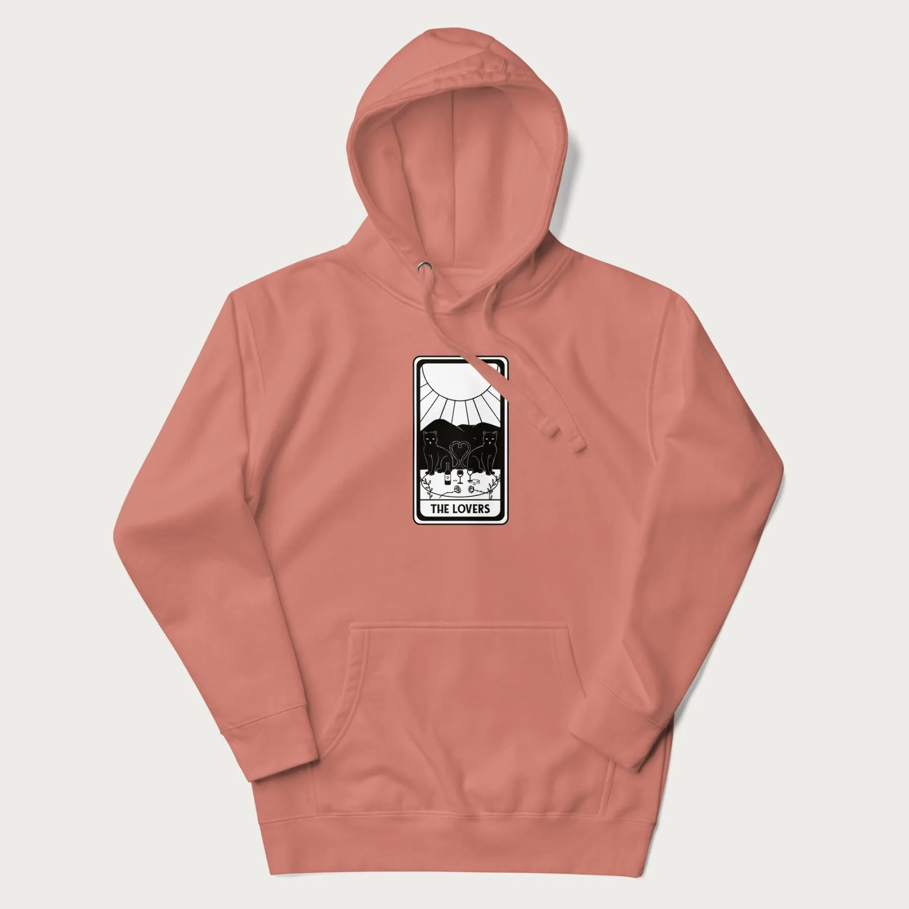 Light pink hoodie with a 'The Lovers' tarot card graphic of two cats with intertwined tails forming a heart, wine, and roses.