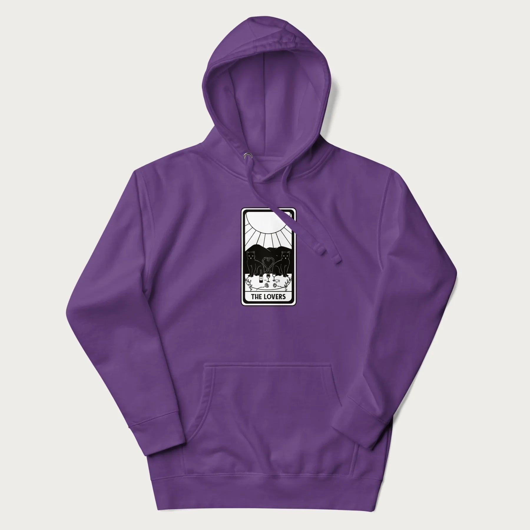 Purple hoodie with a 'The Lovers' tarot card graphic of two cats with intertwined tails forming a heart, wine, and roses.