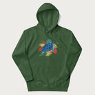 Forest green hoodie with a vibrant graphic of a blue sea turtle and colorful tropical leaves.