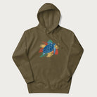 Military green hoodie with a vibrant graphic of a blue sea turtle and colorful tropical leaves.