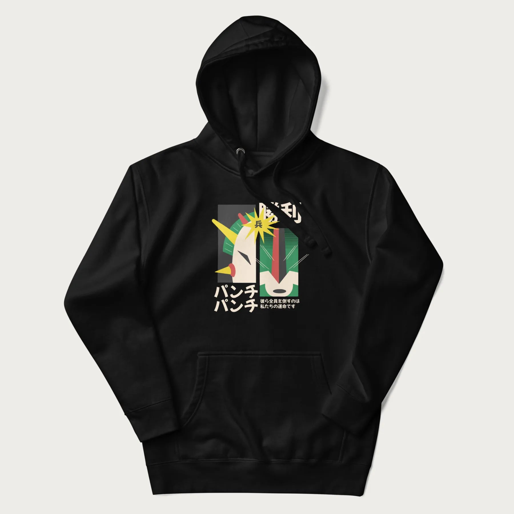 Black hoodie with Japanese text and a graphic of a retro-futuristic robot fighter, inspired by Japanese mecha art.