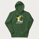 Forest green hoodie with Japanese text and a graphic of a retro-futuristic robot fighter, inspired by Japanese mecha art.