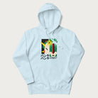 Light blue hoodie with Japanese text and a graphic of a retro-futuristic robot fighter, inspired by Japanese mecha art.