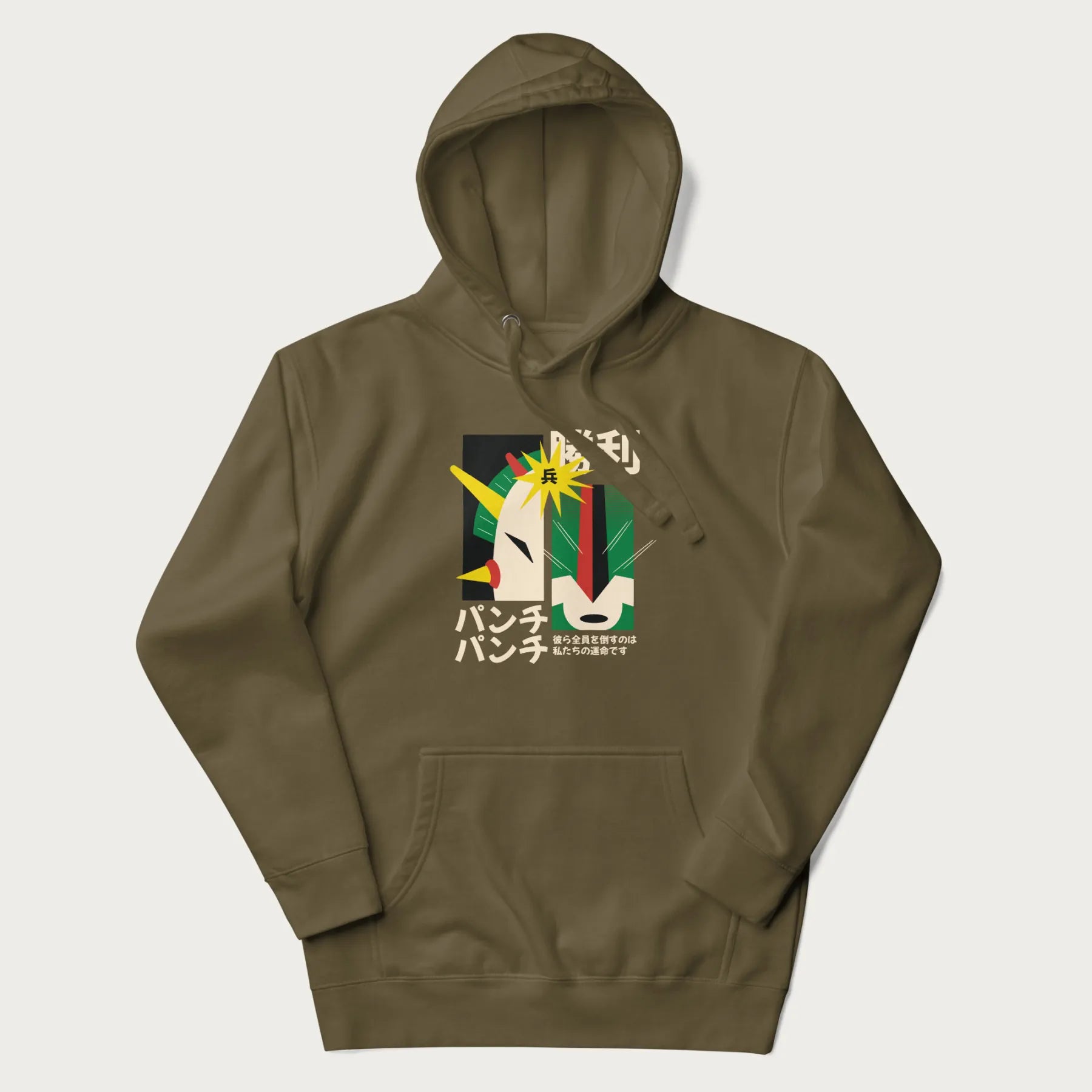 Military green hoodie with Japanese text and a graphic of a retro-futuristic robot fighter, inspired by Japanese mecha art.