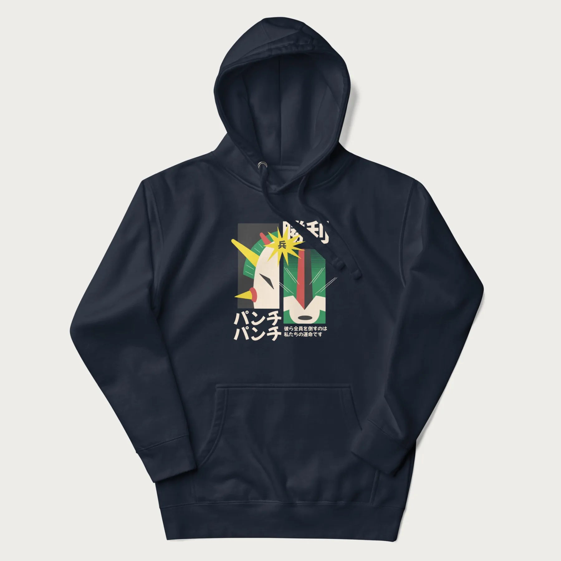 Navy blue hoodie with Japanese text and a graphic of a retro-futuristic robot fighter, inspired by Japanese mecha art.