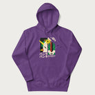 Purple hoodie with Japanese text and a graphic of a retro-futuristic robot fighter, inspired by Japanese mecha art.