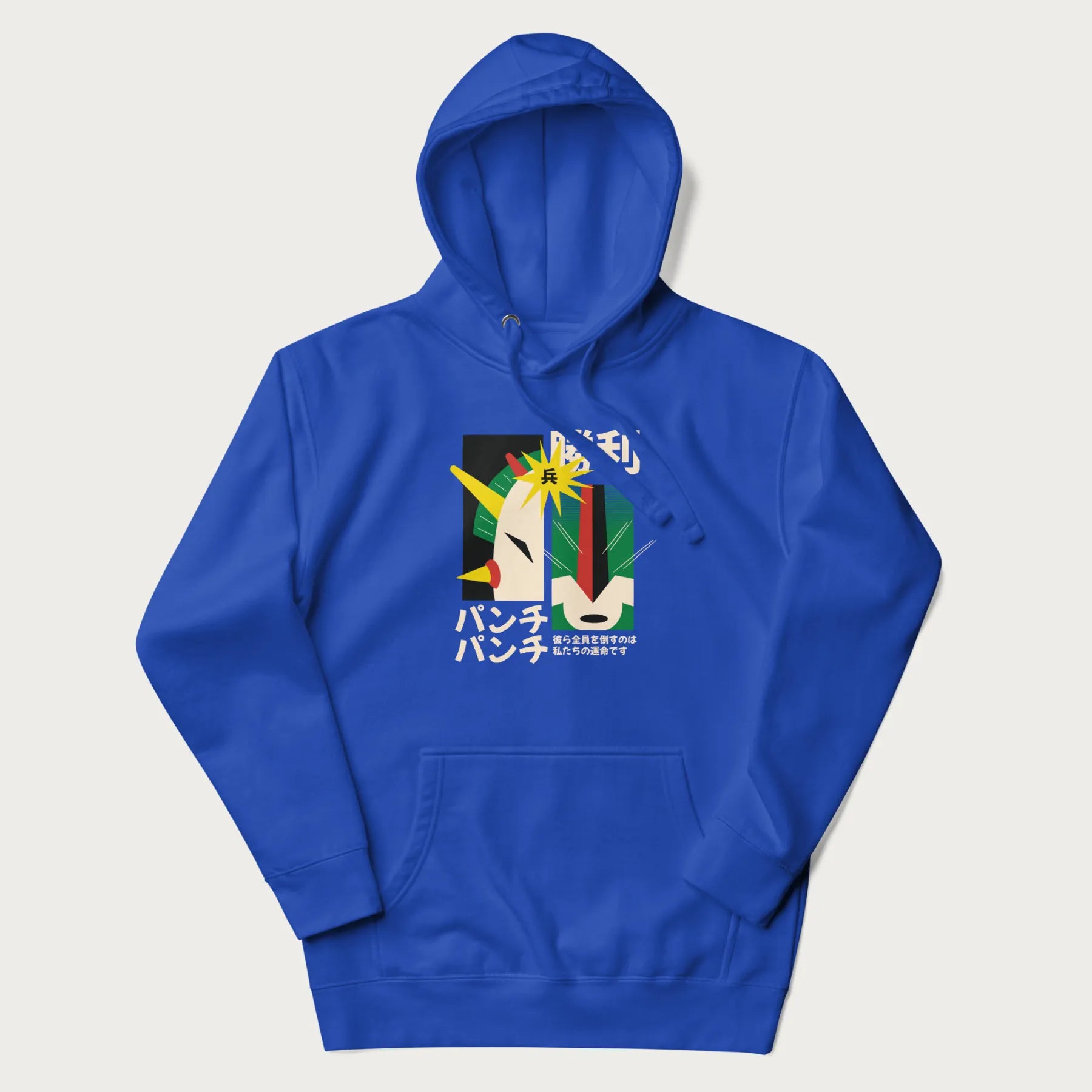 Royal blue hoodie with Japanese text and a graphic of a retro-futuristic robot fighter, inspired by Japanese mecha art.