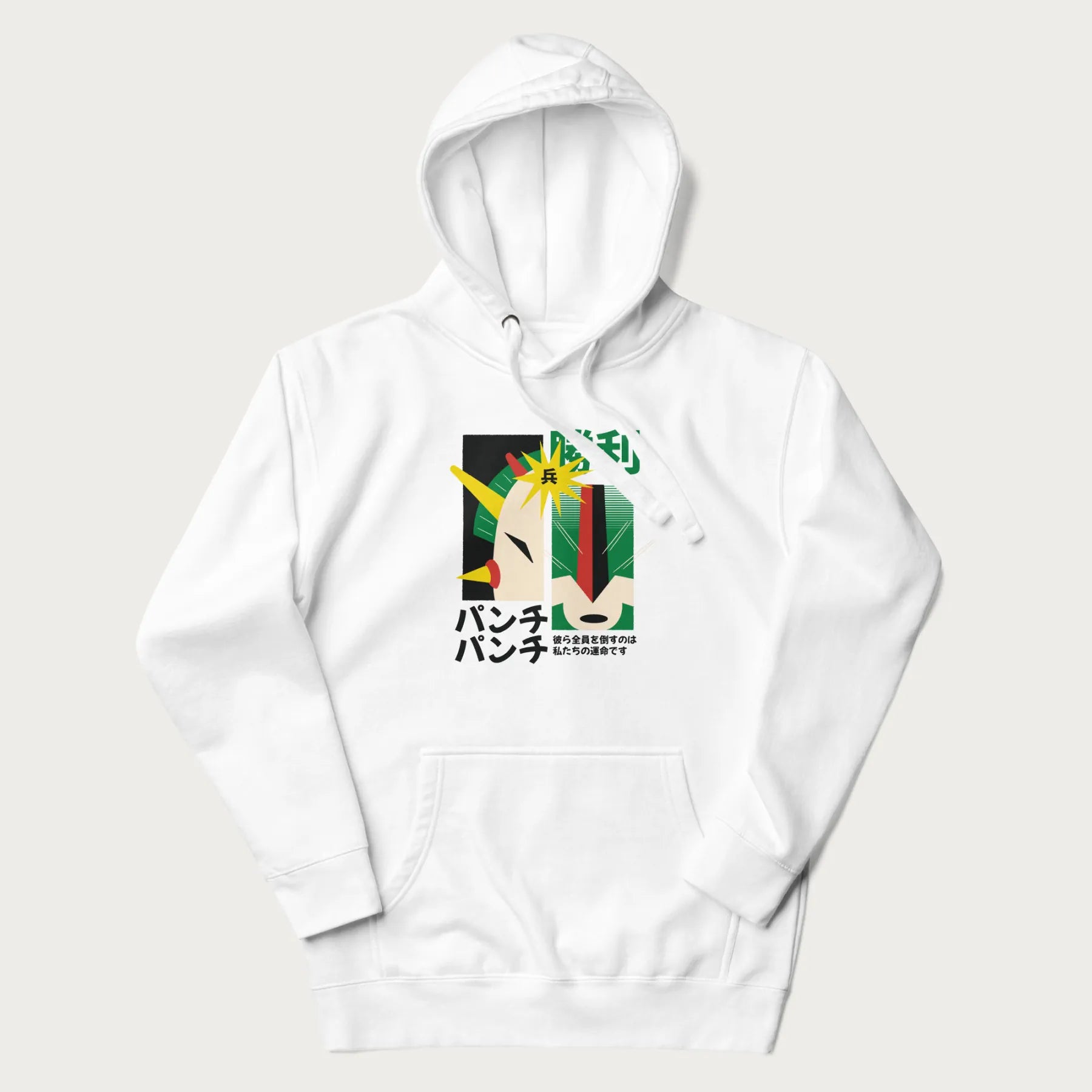 White hoodie with Japanese text and a graphic of a retro-futuristic robot fighter, inspired by Japanese mecha art.