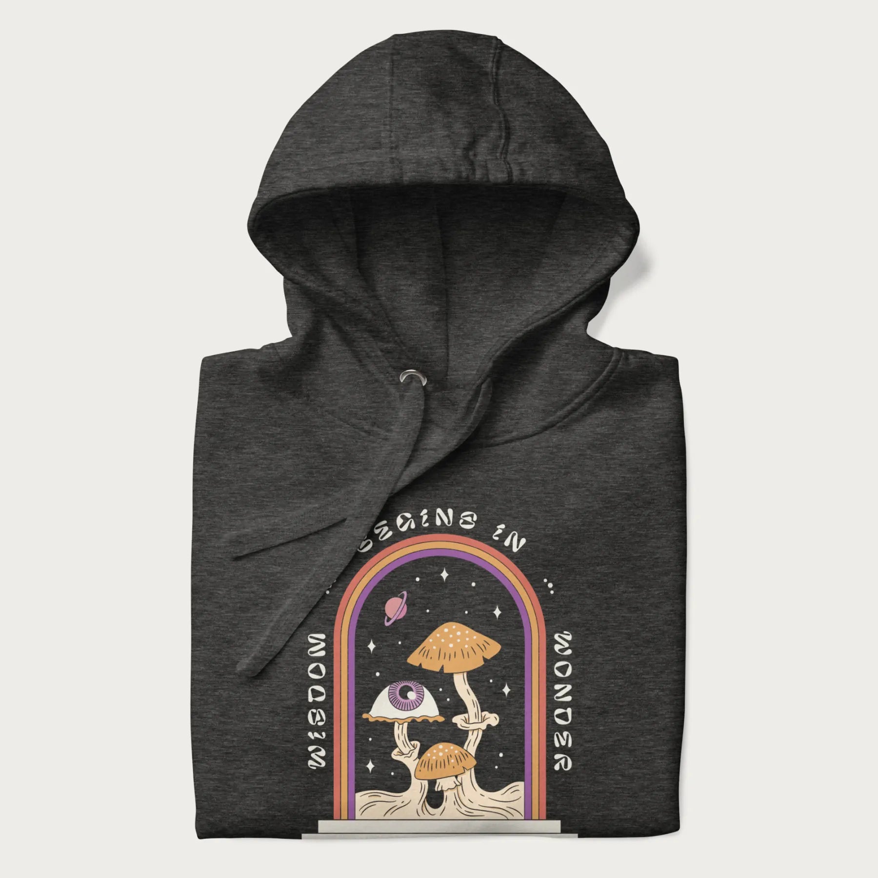 Folded dark grey hoodie with graphic of mystical mushrooms with an all-seeing eye and the text 'Wisdom Begins in Wonder' framed by a rainbow arch.