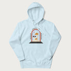 Light blue hoodie with graphic of mystical mushrooms with an all-seeing eye and the text 'Wisdom Begins in Wonder' framed by a rainbow arch.