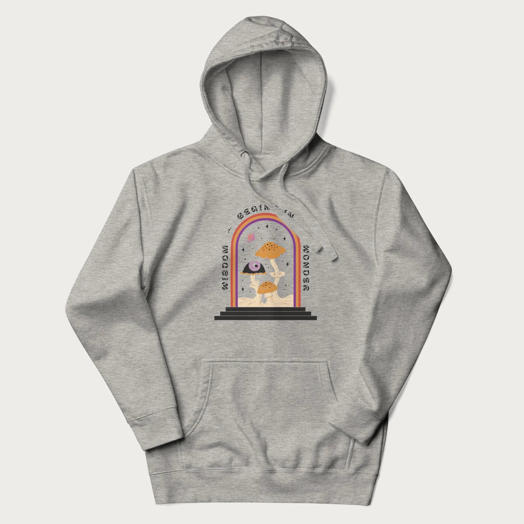 Light grey hoodie with graphic of mystical mushrooms with an all-seeing eye and the text 'Wisdom Begins in Wonder' framed by a rainbow arch.