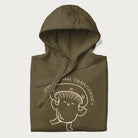 Folded military green hoodie with a cute champignon mushroom graphic and the text "You're a Real Champignon!"