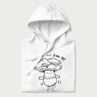 Folded white hoodie with graphic of a cute mushroom joyfully dancing with the text "You're a Real Fun-gi!"