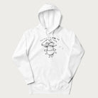 White hoodie with graphic of a cute mushroom joyfully dancing with the text "You're a Real Fun-gi!"