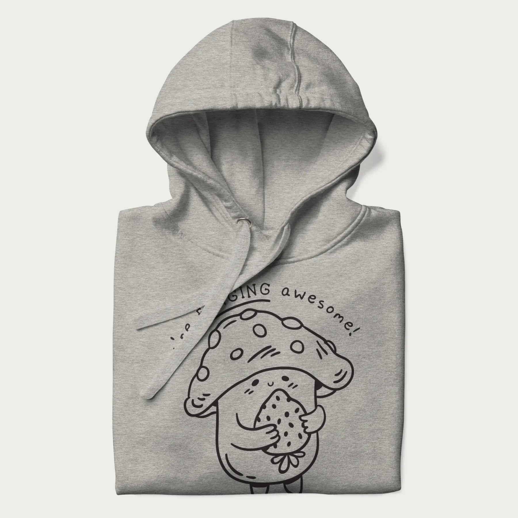 Folded light grey hoodie with a cute mushroom graphic and the text "You're FUNGING Awesome!"