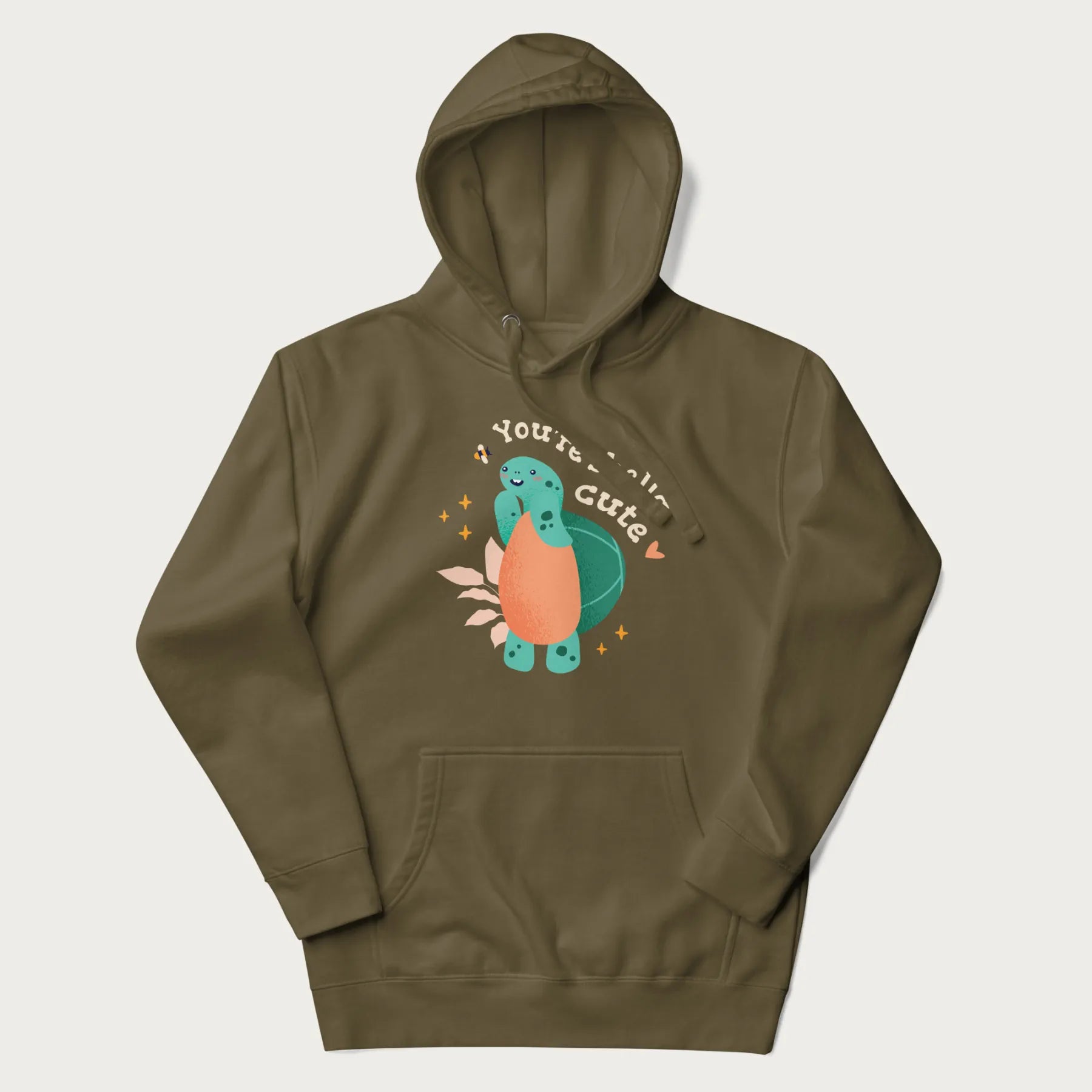 Military green hoodie with a cute turtle graphic and the text 'You're Shella Cute' above.